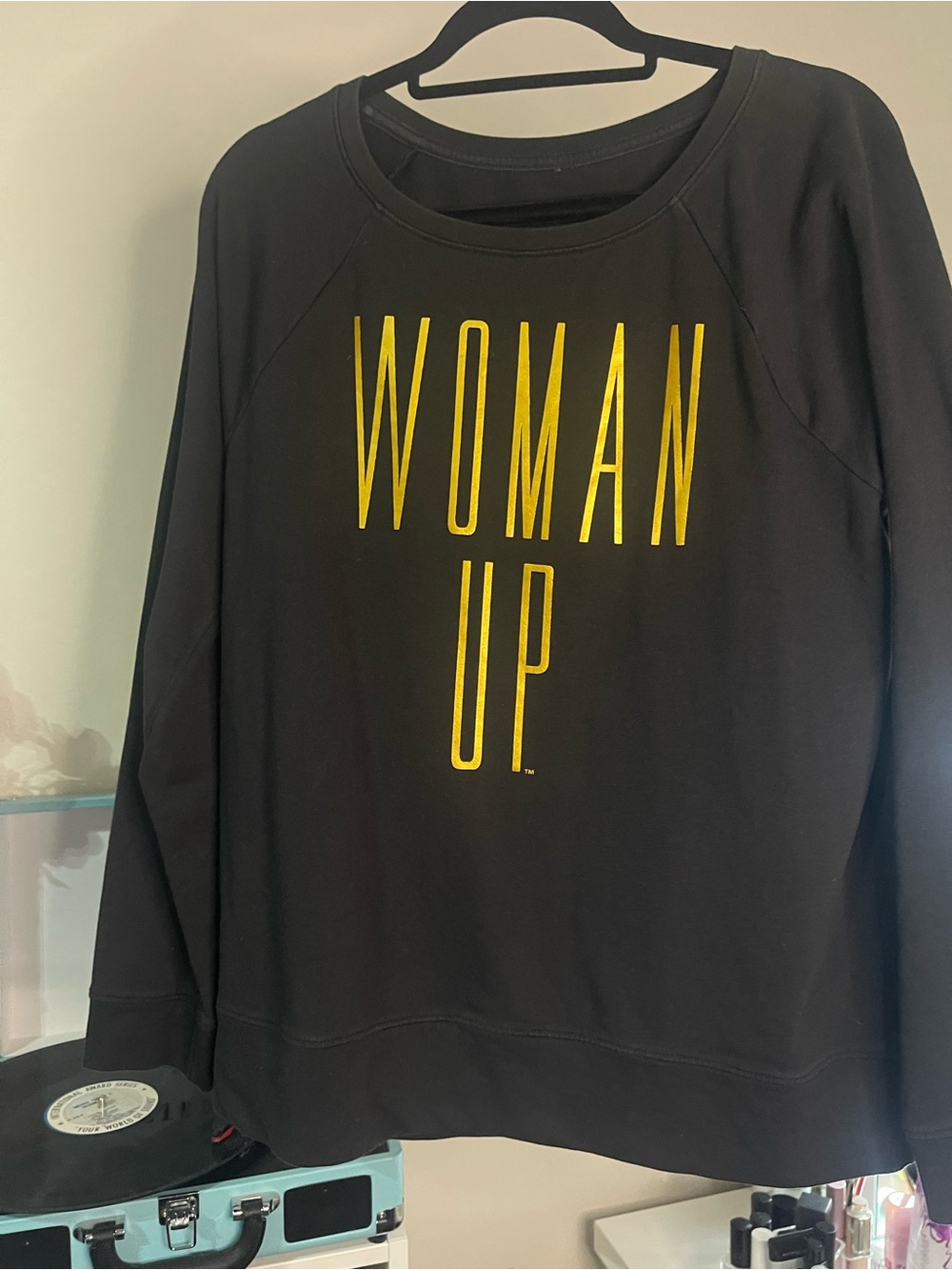 Black Crewneck Sweatshirt with Metallic Gold 'WOMAN UP' Logo
